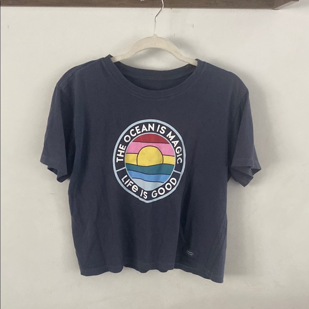 Life Is Good Blue Short Sleeve Tee with Sunset Graphic